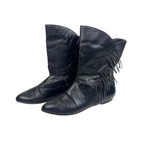 Vintage Black Leather Western Cowboy Fringe Boots: 9M